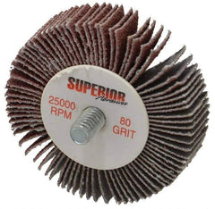 Superior Abrasives - 2" Diam x 1/2" Face Width, Medium Aluminum Oxide Coated Mounted Flap Wheel - 1/4-20 Threaded Mount, 80 Grit, X Weighted Cloth Backing, 25,000 Max RPM - Apex Tool & Supply