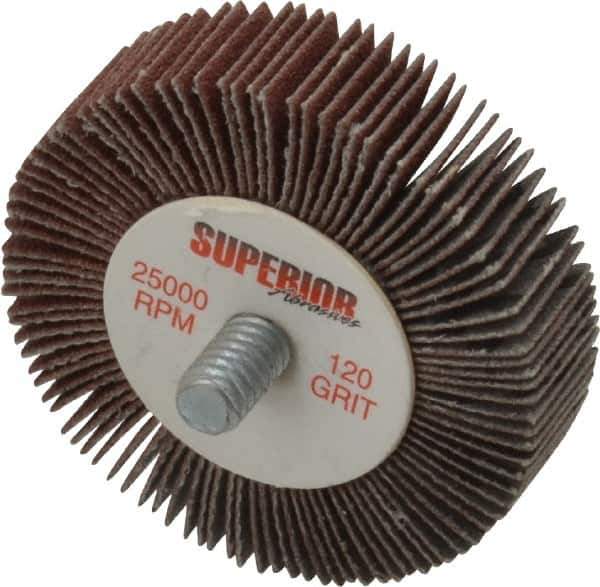 Superior Abrasives - 2" Diam x 1/2" Face Width, Fine Aluminum Oxide Coated Mounted Flap Wheel - 1/4-20 Threaded Mount, 120 Grit, X Weighted Cloth Backing, 25,000 Max RPM - Apex Tool & Supply