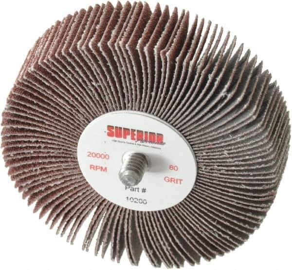 Superior Abrasives - 3" Diam x 3/4" Face Width, Medium Aluminum Oxide Coated Mounted Flap Wheel - 1/4-20 Threaded Mount, 80 Grit, 20,000 Max RPM - Apex Tool & Supply