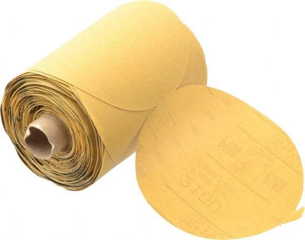 3M - 5" Diam, 180 Grit Aluminum Oxide Adhesive PSA Disc - Very Fine Grade, Gold, A Weighted Backing, Flexible, Use with Random Orbital Sanders - Apex Tool & Supply