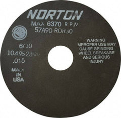 Norton - 6" 90 Grit Aluminum Oxide Cutoff Wheel - 0.015" Thick, 1-1/4" Arbor, 6,370 Max RPM, Use with Stationary Tools - Apex Tool & Supply