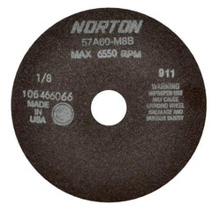 Norton - 7" 60 Grit Aluminum Oxide Cutoff Wheel - 1/8" Thick, 1-1/4" Arbor, 6,550 Max RPM, Use with Stationary Tools - Apex Tool & Supply