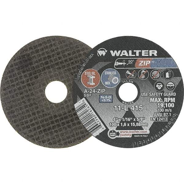 WALTER Surface Technologies - 4" 24 Grit Aluminum Oxide Cutoff Wheel - 1/16" Thick, 5/8" Arbor, 19,100 Max RPM, Use with Die Grinders - Apex Tool & Supply