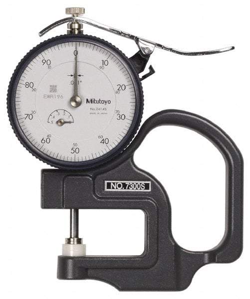 Mitutoyo - 0 to 1/2 Inch Measurement, 0.001 Inch Graduation, 1.1811 Inch Throat Depth, Dial Thickness Gage - 0.001 Inch Accuracy, 1.4 N Force, 2 Inch Dial Diameter - Apex Tool & Supply