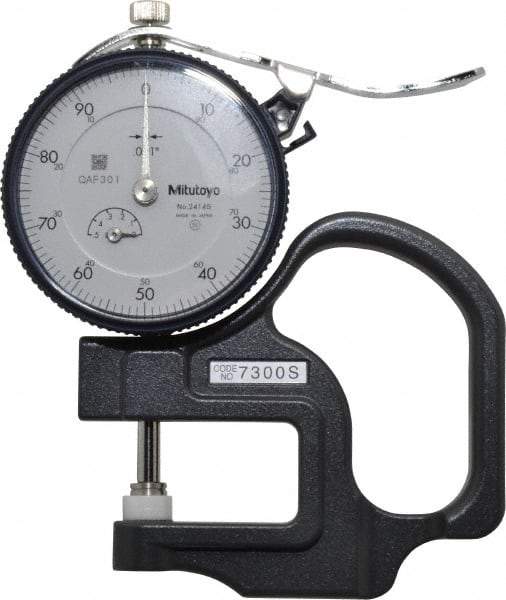 Mitutoyo - 0 to 1/2 Inch Measurement, 0.001 Inch Graduation, 1.1811 Inch Throat Depth, Dial Thickness Gage - 0.001 Inch Accuracy, 1.4 N Force, 2 Inch Dial Diameter - Apex Tool & Supply