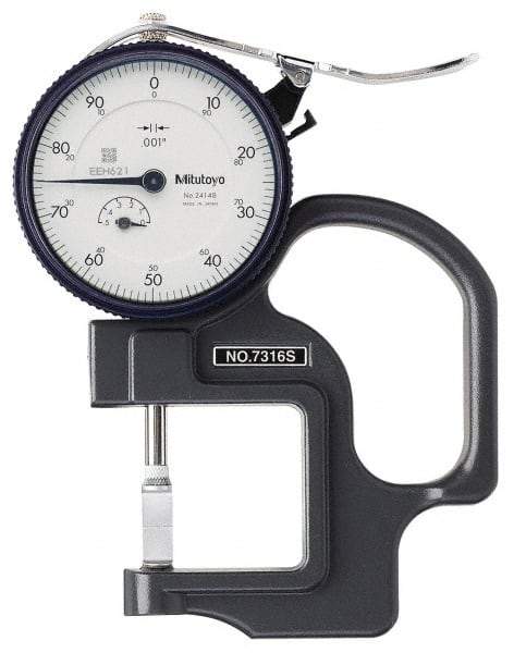 Mitutoyo - 0 to 1/2 Inch Measurement, 0.001 Inch Graduation, 1.1811 Inch Throat Depth, Dial Thickness Gage - 0.001 Inch Accuracy, 1.4 N Force, 2 Inch Dial Diameter - Apex Tool & Supply