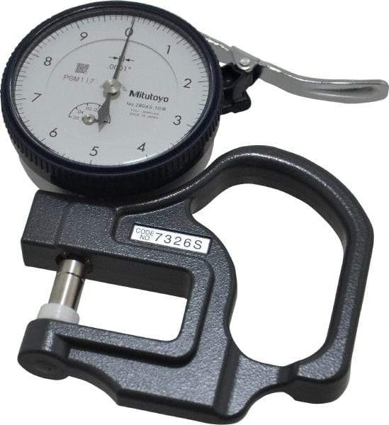 Mitutoyo - 0 to 0.05 Inch Measurement, 0.00005 Inch Graduation, 1.1811 Inch Throat Depth, Dial Thickness Gage - 0.0002 Inch Accuracy, 1.4 N Force, 2 Inch Dial Diameter - Apex Tool & Supply
