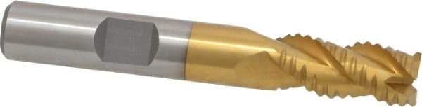 Interstate - 3/8" Diam, Coarse Pitch, 3/4" LOC, 3 Flute Cobalt Roughing Square End Mill - TiN Finish, 2-1/2" OAL, 3/8" Shank Diam, Single End, Centercutting - Apex Tool & Supply