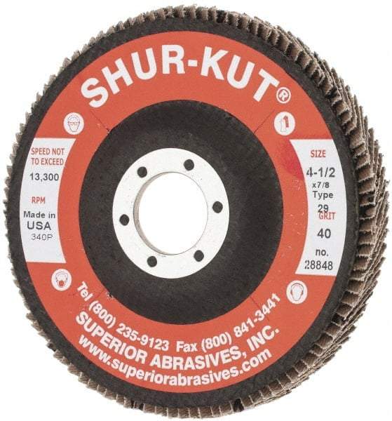 Superior Abrasives - 40 Grit, 4-1/2" Disc Diam, 7/8" Center Hole, Type 29 Zirconia Alumina Flap Disc - 13,000 Max RPM, Fiberglass Backing, Arbor Attaching System, Coated - Apex Tool & Supply