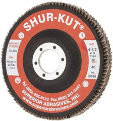 Superior Abrasives - 40 Grit, 4-1/2" Disc Diam, 7/8" Center Hole, Type 29 Zirconia Alumina Flap Disc - 13,000 Max RPM, Fiberglass Backing, Arbor Attaching System, Coated - Apex Tool & Supply