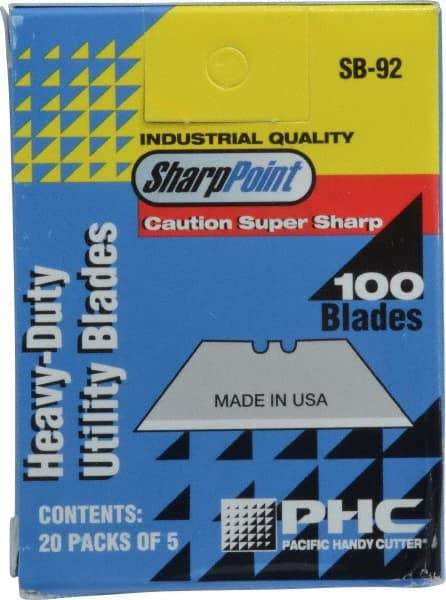 PHC - 100 Piece Carbon Steel Utility Knife Blade - 2-3/4" OAL, 0.025" Blade Thickness - Apex Tool & Supply