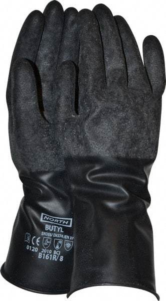 North - Size M (8), 11" Long, 16 mil Thick, Butyl Chemical Resistant Gloves - Textured Finish, Rolled Cuff, Black - Apex Tool & Supply
