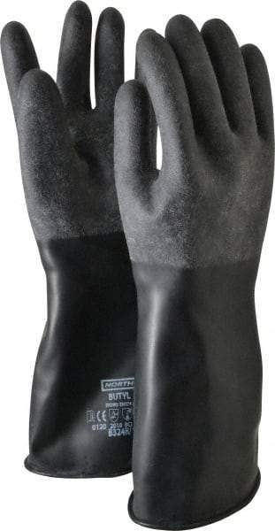North - Size L (9), 14" Long, 32 mil Thick, Butyl Chemical Resistant Gloves - Textured Finish, Rolled Cuff, Black - Apex Tool & Supply