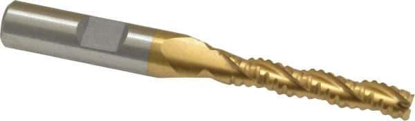 Interstate - 1/4" Diam, 1-3/8" LOC, 3 Flute Cobalt Roughing & Finishing Square End Mill - TiN Finish, 3-1/8" OAL, 3/8" Shank Diam, Weldon Shank, 30° Helix, Non-Centercutting - Apex Tool & Supply