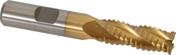 Interstate - 15/32" Diam, 1-1/4" LOC, 4 Flute Cobalt Roughing & Finishing Square End Mill - TiN Finish, 3-1/4" OAL, 1/2" Shank Diam, Weldon Shank, 30° Helix, Non-Centercutting - Apex Tool & Supply