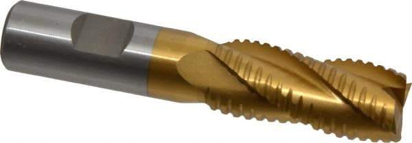 Interstate - 13/16" Diam, 1-7/8" LOC, 4 Flute Cobalt Roughing & Finishing Square End Mill - TiN Finish, 4-1/8" OAL, 3/4" Shank Diam, Weldon Shank, 30° Helix, Non-Centercutting - Apex Tool & Supply