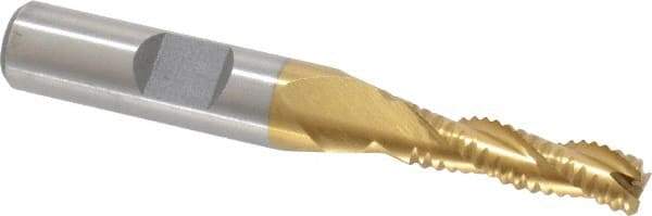Interstate - 1/4" Diam, Coarse Pitch, 7/8" LOC, 3 Flute Cobalt Roughing Square End Mill - TiN Finish, 2-11/16" OAL, 3/8" Shank Diam, Single End, Centercutting - Apex Tool & Supply