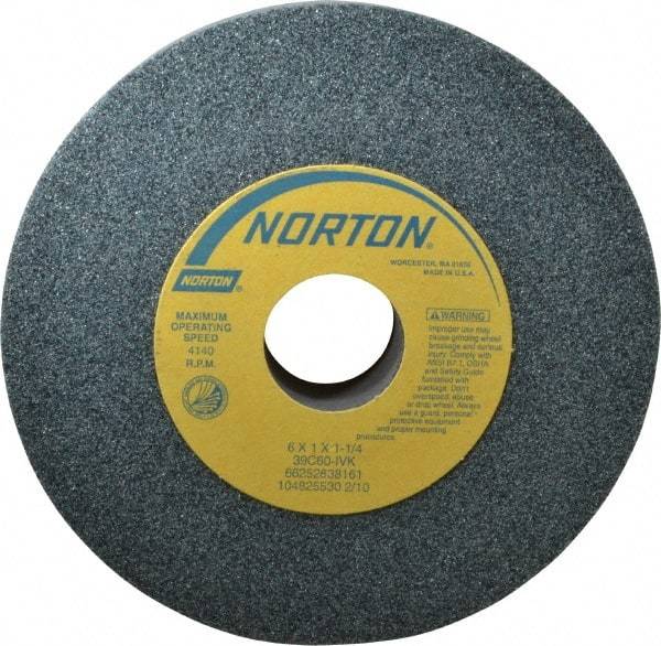 Norton - 6" Diam x 1-1/4" Hole x 1" Thick, I Hardness, 60 Grit Surface Grinding Wheel - Silicon Carbide, Type 1, Medium Grade, 4,140 Max RPM, Vitrified Bond, No Recess - Apex Tool & Supply