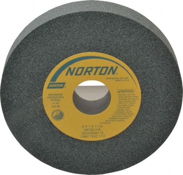 Norton - 6" Diam x 1-1/4" Hole x 1" Thick, I Hardness, 80 Grit Surface Grinding Wheel - Silicon Carbide, Type 1, Medium Grade, 4,140 Max RPM, Vitrified Bond, No Recess - Apex Tool & Supply