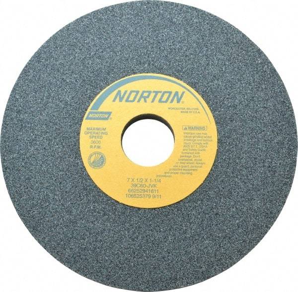 Norton - 7" Diam x 1-1/4" Hole x 1/2" Thick, J Hardness, 60 Grit Surface Grinding Wheel - Silicon Carbide, Type 1, Medium Grade, 3,600 Max RPM, Vitrified Bond, No Recess - Apex Tool & Supply