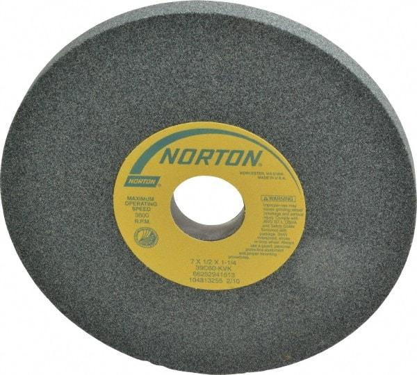 Norton - 7" Diam x 1-1/4" Hole x 1/2" Thick, K Hardness, 60 Grit Surface Grinding Wheel - Silicon Carbide, Type 1, Medium Grade, 3,600 Max RPM, Vitrified Bond, No Recess - Apex Tool & Supply
