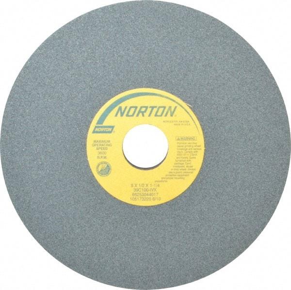 Norton - 8" Diam x 1-1/4" Hole x 1/2" Thick, I Hardness, 100 Grit Surface Grinding Wheel - Silicon Carbide, Type 1, Fine Grade, 3,600 Max RPM, Vitrified Bond, No Recess - Apex Tool & Supply