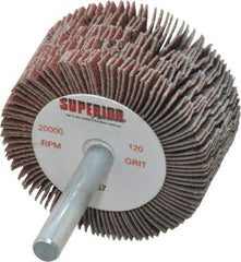Superior Abrasives - 2" Diam x 1" Face Width, Fine Aluminum Oxide Coated Mounted Flap Wheel - 1/4" Shank Mount, 120 Grit, J Weighted Cloth Backing, 14,000 Max RPM - Apex Tool & Supply