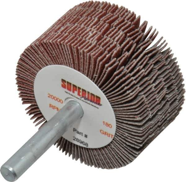Superior Abrasives - 2" Diam x 1" Face Width, Very Fine Aluminum Oxide Coated Mounted Flap Wheel - 1/4" Shank Mount, 180 Grit, J Weighted Cloth Backing, 14,000 Max RPM - Apex Tool & Supply