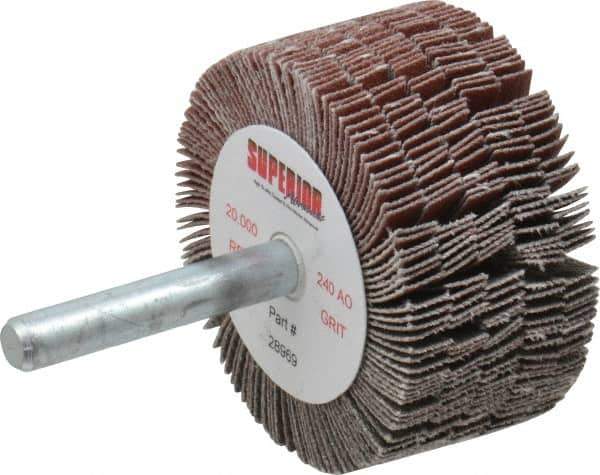 Superior Abrasives - 2" Diam x 1" Face Width, Very Fine Aluminum Oxide Coated Mounted Flap Wheel - 1/4" Shank Mount, 240 Grit, J Weighted Cloth Backing, 14,000 Max RPM - Apex Tool & Supply