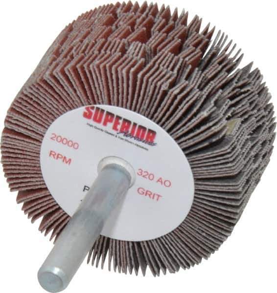 Superior Abrasives - 2" Diam x 1" Face Width, Extra Fine Aluminum Oxide Coated Mounted Flap Wheel - 1/4" Shank Mount, 320 Grit, J Weighted Cloth Backing, 14,000 Max RPM - Apex Tool & Supply