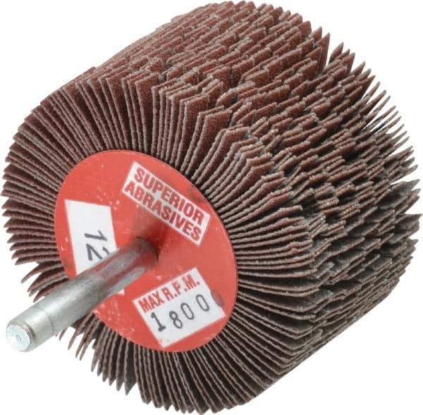 Superior Abrasives - 2-1/2" Diam x 1-1/2" Face Width, Fine Aluminum Oxide Coated Mounted Flap Wheel - 1/4" Shank Mount, 120 Grit, J Weighted Cloth Backing, 9,000 Max RPM - Apex Tool & Supply
