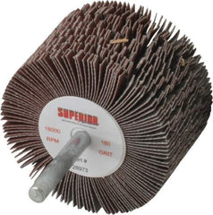 Superior Abrasives - 2-1/2" Diam x 1-1/2" Face Width, Very Fine Aluminum Oxide Coated Mounted Flap Wheel - 1/4" Shank Mount, 180 Grit, J Weighted Cloth Backing, 9,000 Max RPM - Apex Tool & Supply