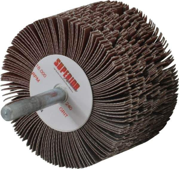 Superior Abrasives - 2-1/2" Diam x 1-1/2" Face Width, Very Fine Aluminum Oxide Coated Mounted Flap Wheel - 1/4" Shank Mount, 240 Grit, J Weighted Cloth Backing, 9,000 Max RPM - Apex Tool & Supply