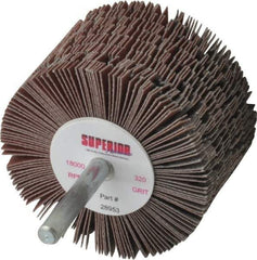 Superior Abrasives - 2-1/2" Diam x 1-1/2" Face Width, Extra Fine Aluminum Oxide Coated Mounted Flap Wheel - 1/4" Shank Mount, 320 Grit, J Weighted Cloth Backing, 9,000 Max RPM - Apex Tool & Supply