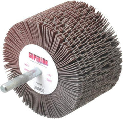 Superior Abrasives - 3" Diam x 2" Face Width, Very Fine Aluminum Oxide Coated Mounted Flap Wheel - 1/4" Shank Mount, 180 Grit, J Weighted Cloth Backing, 6,000 Max RPM - Apex Tool & Supply