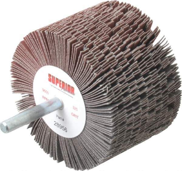 Superior Abrasives - 3" Diam x 2" Face Width, Extra Fine Aluminum Oxide Coated Mounted Flap Wheel - 1/4" Shank Mount, 320 Grit, J Weighted Cloth Backing, 6,000 Max RPM - Apex Tool & Supply