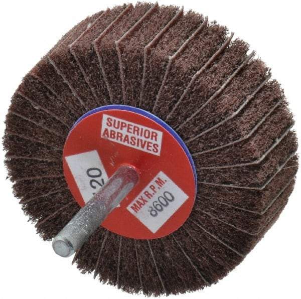 Superior Abrasives - 3" Diam x 1" Face Width, Fine Aluminum Oxide Coated Mounted Flap Wheel - 1/4" Shank Mount, 120 Grit, Interleaf, 8,000 Max RPM - Apex Tool & Supply