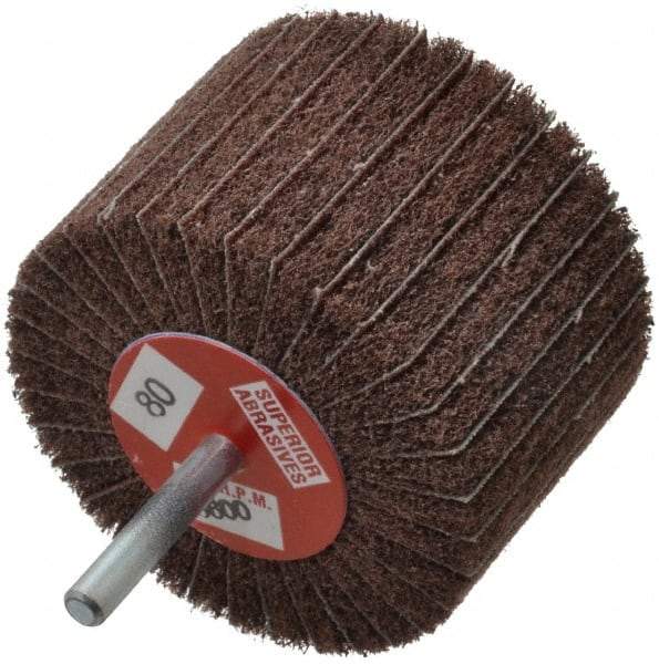 Superior Abrasives - 3" Diam x 2" Face Width, Medium Aluminum Oxide Coated Mounted Flap Wheel - 1/4" Shank Mount, 80 Grit, Interleaf, 8,000 Max RPM - Apex Tool & Supply