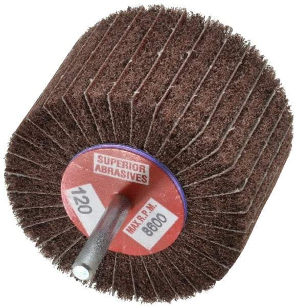 Superior Abrasives - 3" Diam x 2" Face Width, Fine Aluminum Oxide Coated Mounted Flap Wheel - 1/4" Shank Mount, 120 Grit, Interleaf, 8,000 Max RPM - Apex Tool & Supply