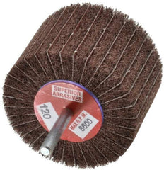 Superior Abrasives - 3" Diam x 2" Face Width, Fine Aluminum Oxide Coated Mounted Flap Wheel - 1/4" Shank Mount, 120 Grit, Interleaf, 8,000 Max RPM - Apex Tool & Supply