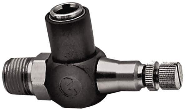 Norgren - 1/2" Tube Inlet x 1/2" NPTF Outlet Right Angle Adjustable Flow Control Valve - 5 to 150 psi, Needle Valve & Thermoplastic Material - Apex Tool & Supply
