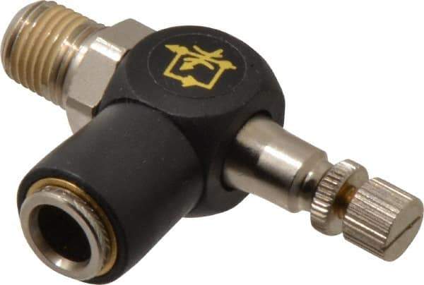 Norgren - 3/8" Tube Inlet x 1/4" NPTF Outlet Right Angle Adjustable Flow Control Valve - 5 to 150 psi, Needle Valve & Thermoplastic Material - Apex Tool & Supply