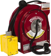 Reelcraft - 12 AWG, 45' Cable Length, Cord & Cable Reel with Duplex GFCI Outlet Box End - 2 Outlets, NEMA 5-20R, 20 Amps, 125 Volts, SJEOOW Cable, Red Reel - Apex Tool & Supply
