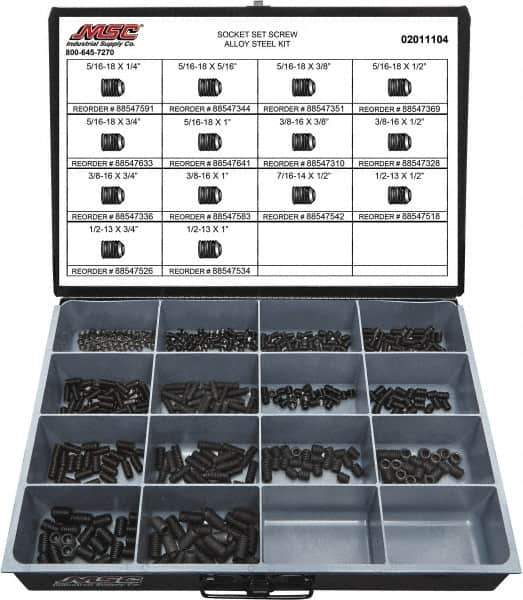 Value Collection - 500 Piece, 5/16 to 1/2, Steel Set Screw Assortment - Socket Cap Head, Hex Socket Drive, 1 to 3/4" Long - Apex Tool & Supply