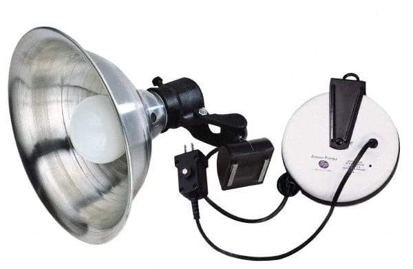 Made in USA - 18 AWG, 20' Cable Length, Cord & Cable Reel with Incandescent Hand Lamp End - 0 Outlets, 15 Amps, 110/115 Volts, SJT Cable, White/Black Reel - Apex Tool & Supply