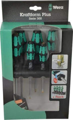Wera - 6 Piece Phillips & Slotted Screwdriver Set - Hex with Bolster Shank, Kraftform Ergonomic Handle, Bit Sizes: Philips #1 & #2, Tip Thickness: 9/64, 5/32, 7/32 & 1/4 - Apex Tool & Supply