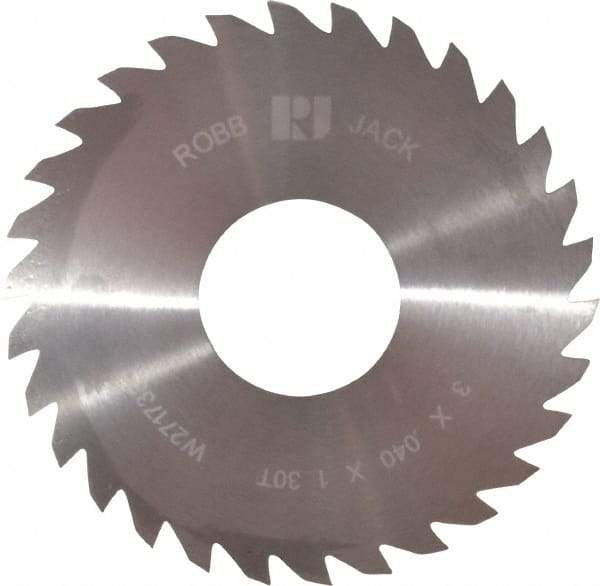 RobbJack - 3" Diam x 0.04" Blade Thickness x 1" Arbor Hole Diam, 30 Tooth Slitting and Slotting Saw - Arbor Connection, Right Hand, Uncoated, Solid Carbide, Concave Ground - Apex Tool & Supply
