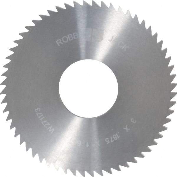 RobbJack - 3" Diam x 3/16" Blade Thickness x 1" Arbor Hole Diam, 60 Tooth Slitting and Slotting Saw - Arbor Connection, Right Hand, Uncoated, Solid Carbide, Concave Ground - Apex Tool & Supply