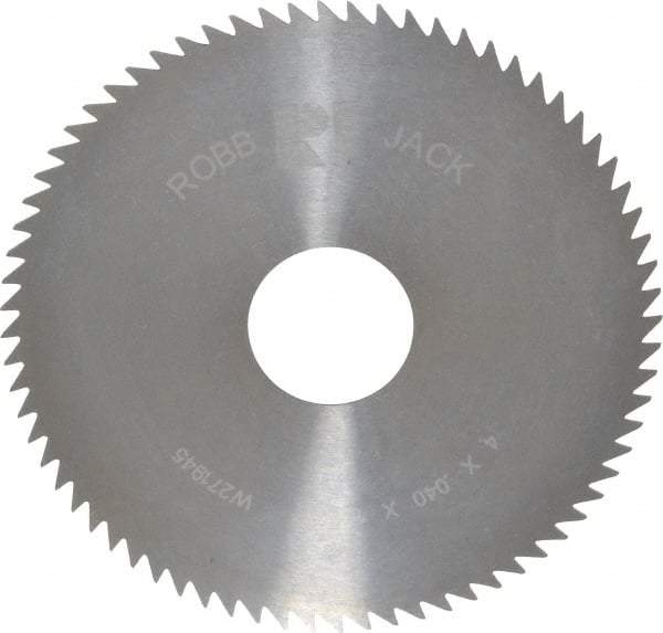 RobbJack - 4" Diam x 0.04" Blade Thickness x 1" Arbor Hole Diam, 72 Tooth Slitting and Slotting Saw - Arbor Connection, Right Hand, Uncoated, Solid Carbide, Concave Ground - Apex Tool & Supply