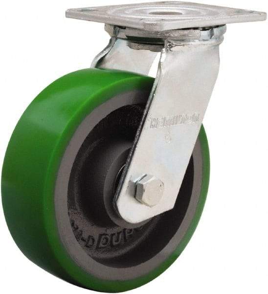 Hamilton - 6" Diam x 2" Wide x 7-1/2" OAH Top Plate Mount Swivel Caster - Polyurethane Mold onto Cast Iron Center, 1,200 Lb Capacity, Sealed Precision Ball Bearing, 4 x 4-1/2" Plate - Apex Tool & Supply